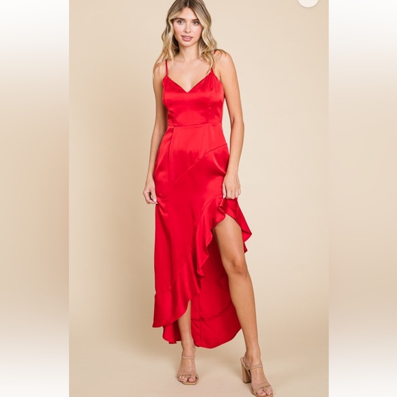 New in Red Hot Satin Ruffled Asymmetrical Hem
Cami Maxi Dress - Picture 6 of 6